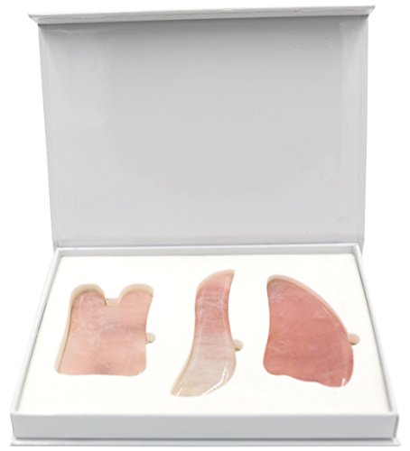 KONA Premium Gua Sha Massage Tool Set (3 Pack) - All Natural Handmade Rose Quartz Guasha Board - Spa, Acupuncture, Therapy, Trigger Point Treatment, Scraping Stone Kit