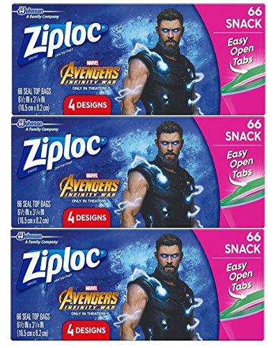 Book Cover Ziploc Snack Bags, Easy Open Tabs, 66 Count, Pack of 3 (198 Total Bags)- Featuring Marvel Studios’ Avengers: Infinity War Designs
