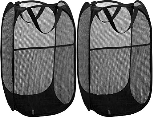 Book Cover Mesh Popup Laundry Hamper - Portable, Durable Handles, Collapsible for Storage and Easy to Open. Folding Pop-Up Clothes Hampers are Great for The Kids Room, College Dorm or Travel. (Black | Set of 2)
