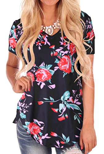 NIASHOT Women's Short Sleeve Loose Casual V-Neck Floral T-Shirt Tops