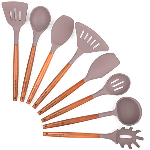MyLEMONELLA Silicone Kitchen Utensil Set with Wooden Handles, No-Fuss Cooking, Heat Resistant, Food Safe Quality Cooking Utensils, Durable Long Lasting, Attractive 8 PC Spoon, Server, Spatula Set