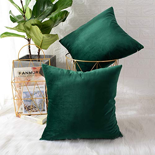 MERNETTE New Year/Christmas Decorations Velvet Soft Decorative Square Throw Pillow Cover Cushion Covers Pillowcase, Home Decor for Party/Xmas 18x18 Inch/45x45 cm, Dark Green, Set of 2