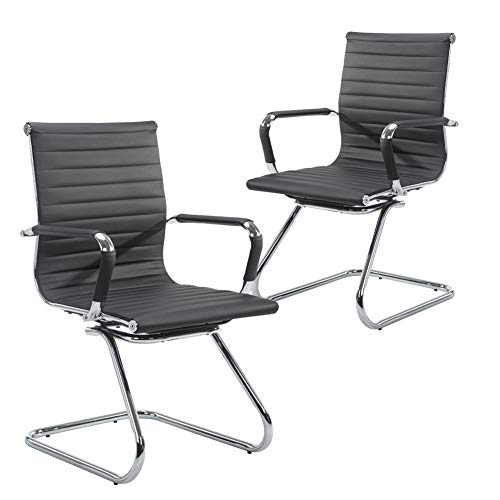 Book Cover Wahson Heavy Duty Leather Office Guest Chair Mid Back Sled Reception Conference Room Chairs, Set of 2 (Black)