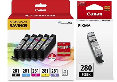 Genuine Canon CLI-281 5-Color Ink Tank Combo Pack with 5 x 5 Photo Paper (2091C006) Canon PGI-280 Pigment Black Ink Tank (2075C001)