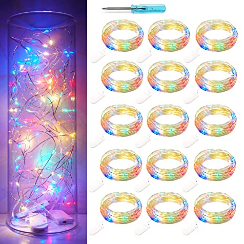 Fairy Lights Battery Operated 15 Pack 7.2ft 20 LED Starry Firefly Silver Wire String Lights for Wedding Christmas Halloween Party Jar Table Centerpiece Decoration (Multi of Blue, Green, Red, Yellow)