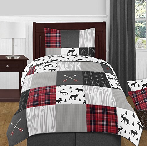 Book Cover Sweet Jojo Designs Grey, Black and Red Woodland Plaid and Arrow Rustic Patch Boy Twin Kid Childrens Bedding Comforter Set-4 Pieces-Flannel Moose Gray
