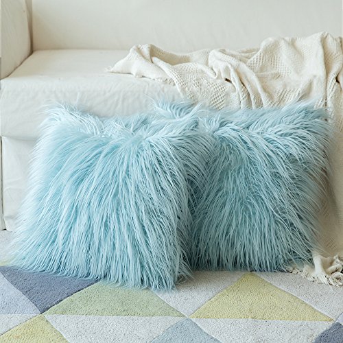 MIULEE Pack of 2 Decorative New Luxury Series Style Light Blue Faux Fur Throw Pillow Case Cushion Cover for Sofa Bedroom Car 18 x 18 Inch 45 x 45 cm