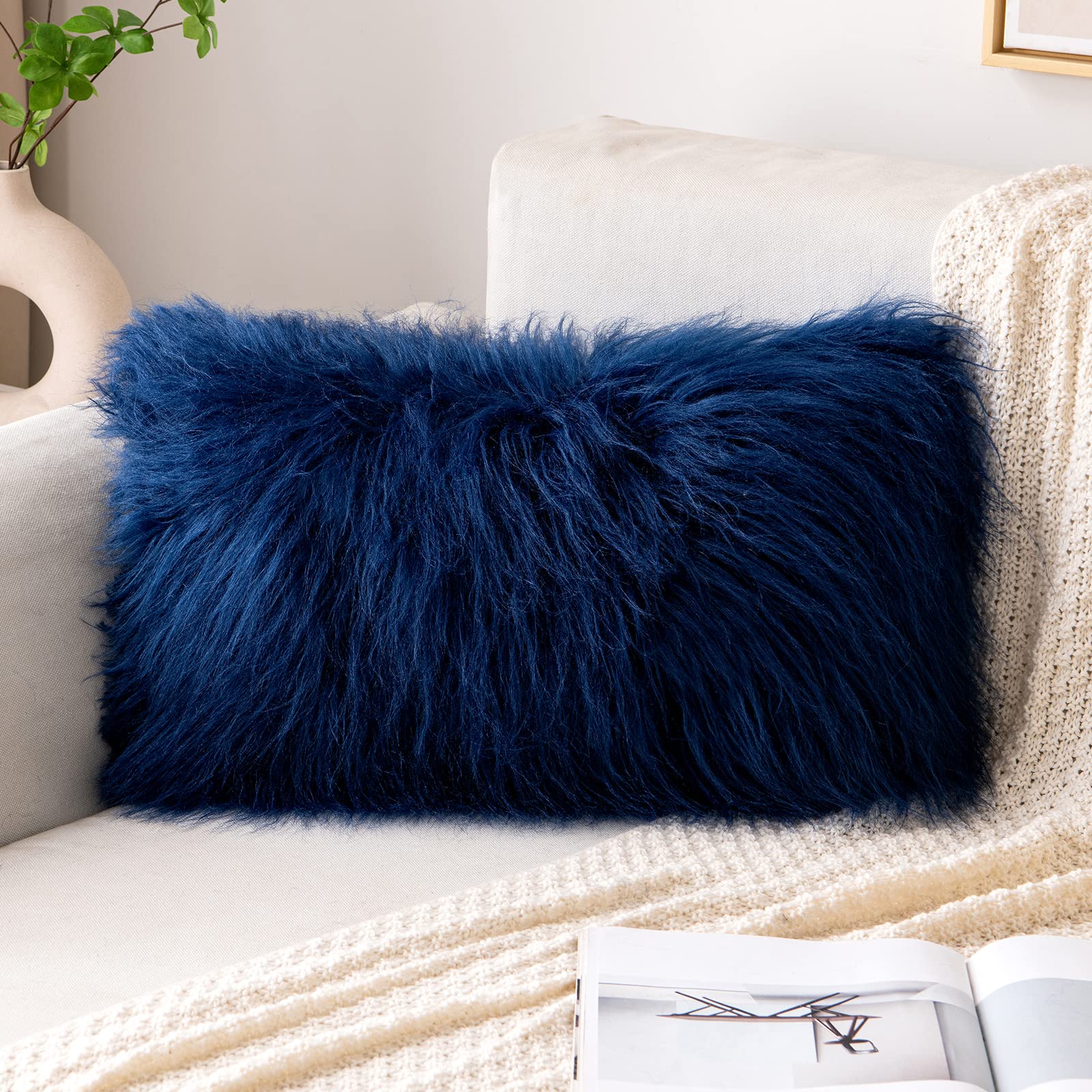Book Cover MIULEE Decorative New Luxury Series Style Navy Blue Faux Fur Throw Pillow Case Cushion Cover for Sofa Bedroom Car 12 x 20 Inch 30 x 50 cm 12 Inchx20 Inch Navy Blue