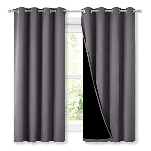 Book Cover NICETOWN 100% Blackout Curtains with Black Liners, Thermal Insulated Full Blackout 2-Layer Lined Drapes, Energy Efficiency Window Draperies for Bedroom (Grey, 2 Panels, 52-inch W by 63-inch L)
