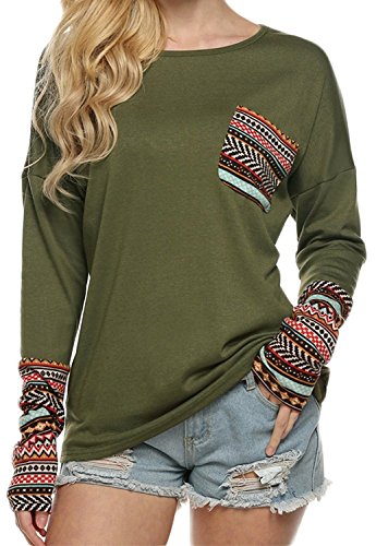 POGTMM Women's Long Sleeve Tops O-Neck Patchwork Casual Loose T-Shirts Blouse Tunic Tops with Thumb Holes