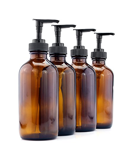 Cornucopia 8-Ounce Amber Glass Pump Bottles (4-Pack); Empty Boston Round Bottles w/Black Plastic Lotion Pumps