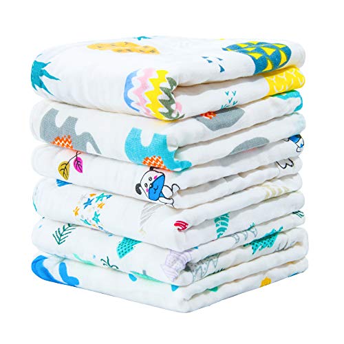NTBAY 6 Pack Baby Muslin Washcloths, 6 Layers Natural Cotton Newborn Baby Face Towel with Animals Printed Design, Soft and Breathable Reusable Wipes and Shower Gift for Baby Registry, 10 x10 inches