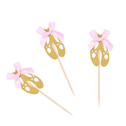 24 CT Gold Glitter Ballet Slippers Ballerina Cupcake Toppers Handcrafted Baby Shower Decors