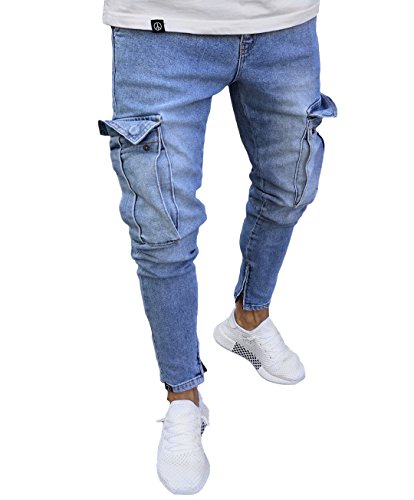 Musuos Men's Ripped Skinny Distressed Destroyed Straight Fit Side Striped Zipper Jeans with Holes
