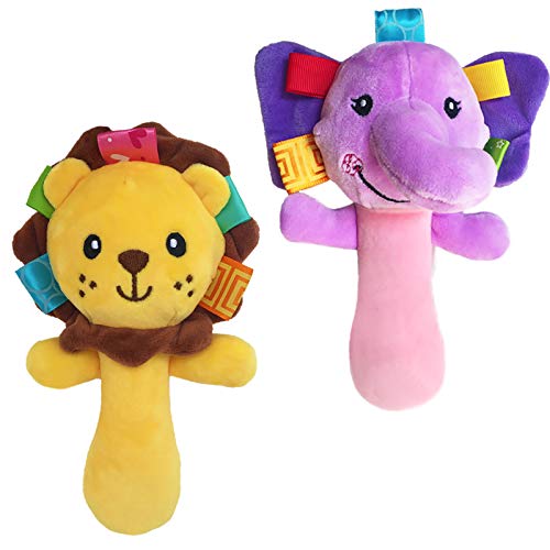 Book Cover Cartoon Stuffed Animal Baby Soft Plush Hand Rattle Squeaker Sticks for Toddlers - Elephant and Lion