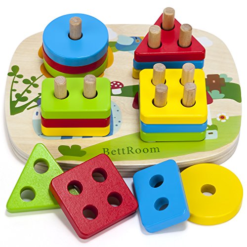 Book Cover BettRoom Toddler Toys for 1 2 3 4-5 Year Old Boys Girls Wooden Educational Preschool Shape Color Recognition Geometric Board Blocks Stacking Sort Kids Children Baby Non-Toxic