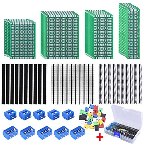 Book Cover AUSTOR 100 Pcs PCB Board Kit Including 30 Pcs Double Sided Prototype Boards and 30 Pcs 40 Pin 2.54mm Male and Female Header Connector(Bonus: 10 Pcs 2P&3P Screw Terminal Blocks and 30 Pcs Jumper Caps)