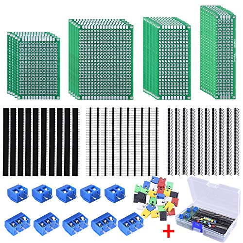 AUSTOR 100 Pcs PCB Board Kit Including 30 PCB Boards, 30 40 Pin 2.54mm Header Connectors (Bonus: 10 Terminal Blocks, 30 Caps)