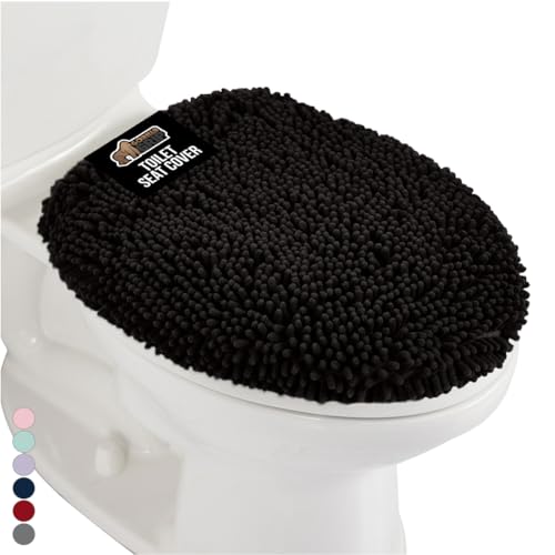 Gorilla Grip Original Shag Chenille Bathroom Toilet Lid Cover, Many Colors, 19.5x18.5 Inches, Large Machine Washable, Ultra Soft Plush Fabric Covers, Fits Most Size Toilet Lids for Bathroom, Black