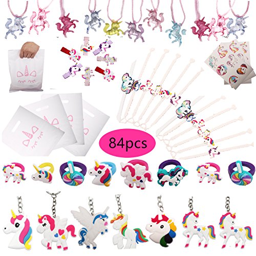 84pcs Unicorn Party Favors, Bracelets, Rings, Keychains, Necklace, Tattoos, Hair clips and Unicorn party bags. 12 pcs for each. Rainbow Unicorn Birthday Party Supplies Set Novelty Toys for Kids Girls