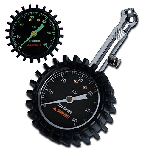 Summit Tools Tire Pressure Gauge with Glow Dial, 0 to 60 PSI, Hold Valve, 10 in. Flexible Hose, Pressure Bleeding Button, Rubber Head Cover. Automobile Accessory