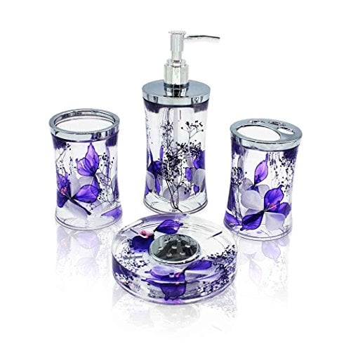 Book Cover ADUTY Modern Bathroom Washing Accessories Nature Series Bathroom Organizer 4 Sets with Purple Color Dry FlowersAD022