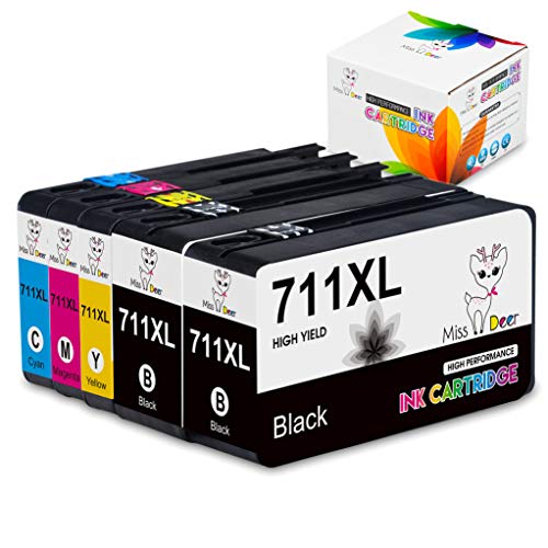 Miss Deer 711XL 711 XL Ink Cartridge 5 Pack Ink Cartridges Replacement for Designjet T120 24 inch T520 (2 Black, 1 Cyan, 1 Magenta, 1 Yellow)