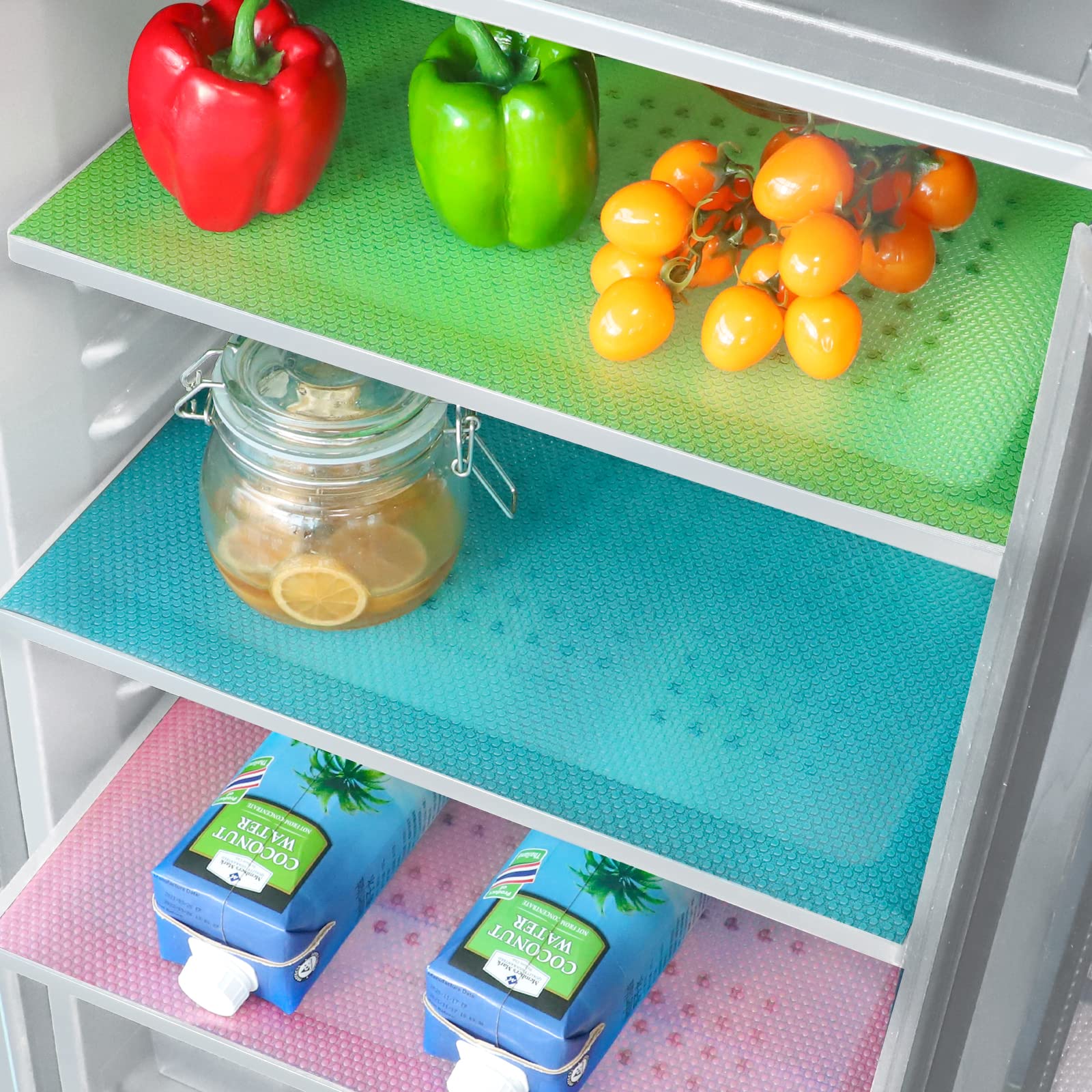 Book Cover BAKHUK 9 Pack Refrigerator Liners - Refrigerator Mats for Glass Shelves Washable, Fridge Shelf Liners Covers Pads, Kitchen Refrigerator Accessories, 3 Green, 3 Pink, 3 Blue 9pcs 3color(green Blue Pink )