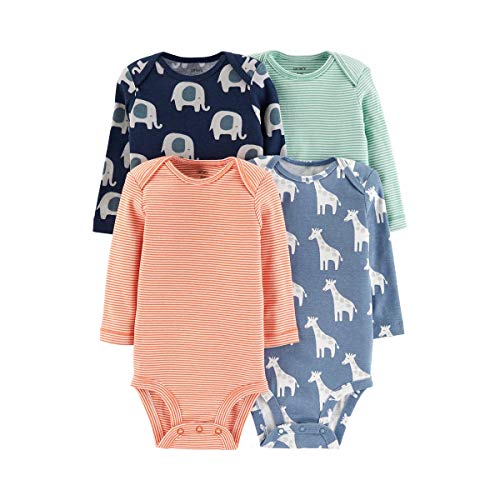 Carter's Baby Boys' 4-Pack Long-Sleeve Original Bodysuits (Ele/Giraffe/Stripes, 12 Months)
