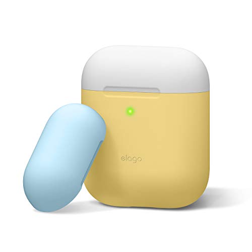 elago Duo Silicone Case Compatible with Apple AirPods Case 1 & 2, Premium Protective Silicone, Supports Wireless Charging, 2 Caps + 1 Body [ White, Pastel Blue + Yellow ]