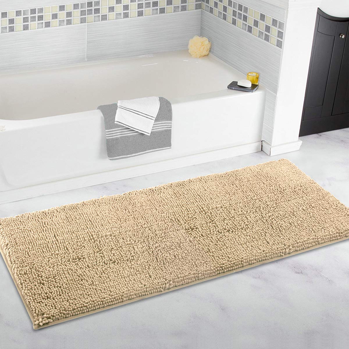 ITSOFT Plush Microfiber Long Runner - Non Slip Soft Bathroom Rug, Absorbent Machine Washable Chenille Bath Mat | Quick Dry Carpet, Great for Bath, Shower, Bedroom, or Door Mat (Beige, 47x21) 47 x 21 Inch Beige