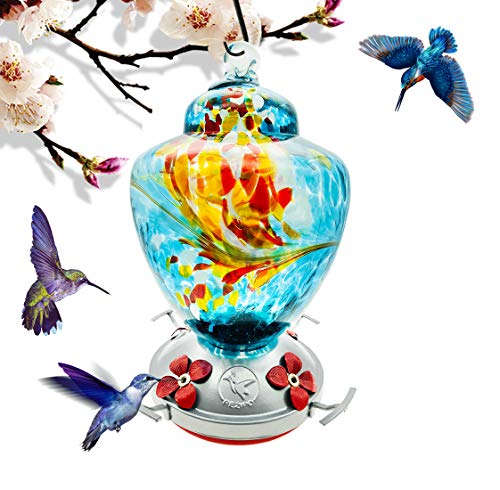 Book Cover REZIPO Hummingbird Feeder with Perch - Hand Blown Glass - Orange - 27 Fluid Ounces Hummingbird Nectar Capacity include Hanging Wires