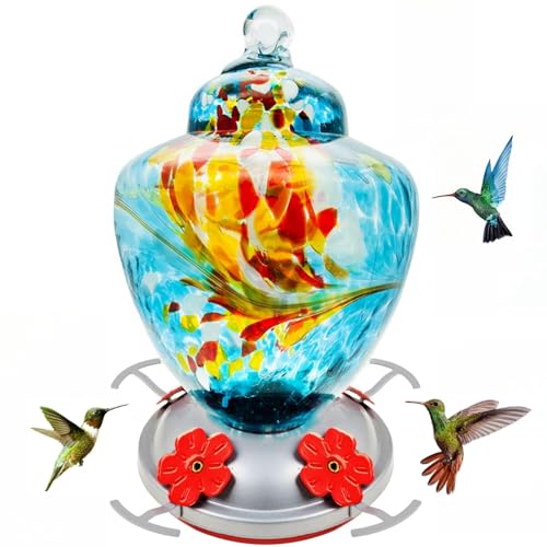 REZIPO Hummingbird Feeder with Perch - Hand Blown Glass - Orange - 27 Fluid Ounces Hummingbird Nectar Capacity include Hanging Wires