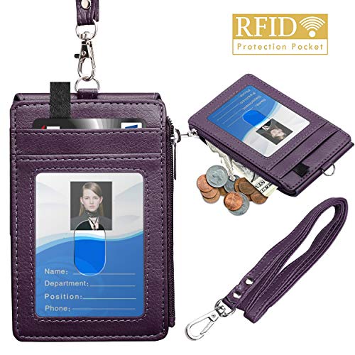 ELV Badge Holder with Zipper, PU Leather ID Badge Card Holder Wallet with 5 Card Slots, 1 Side RFID Blocking Pocket and 20 inch Neck Lanyard Strap for Offices ID, School ID, Driver Licence (Purple)
