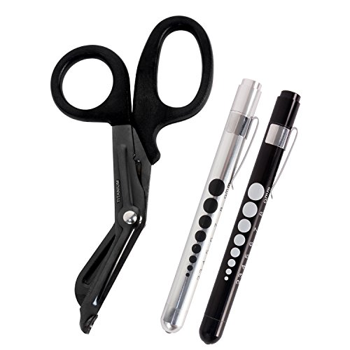 MediTac Autoclavable Titanium-Bonded EMT Trauma Shears â€“ 7 Â¼â€ Black Medical Bandage Scissors with LED Pen Light Two Pack (Black & Silver)