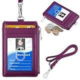 ELV Badge Holder with Zipper, PU Leather ID Badge Card Holder Wallet with 5 Card Slots, 1 Side RFID Blocking Pocket and 20 inch Neck Lanyard Strap for Offices ID, School ID, Driver Licence (Purple)
