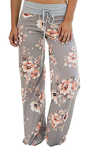 Wallvhion Women's Floral Print Comfy Stretch Drawstring Palazzo Wide Leg Lounge Pants (S, 0486-Grey)