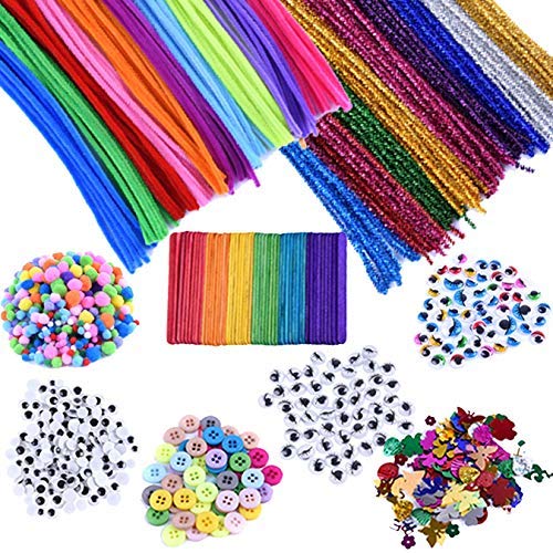 EPIQUEONE Kids Art & Craft Kit with Pipe Cleaners - 1090-Piece Colorful Chenille Supply Kit - Pom Poms, Googly Eyes, Buttons, Sequins & Wooden Sticks - for DIY Crafts & Art Projects