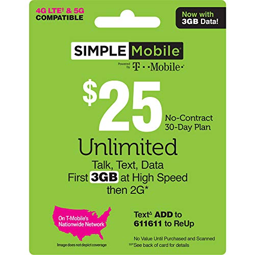 SIMPLE Mobile Refill Card - $25 ReUp Prepaid Airtime Card (Physical Card Shipped)