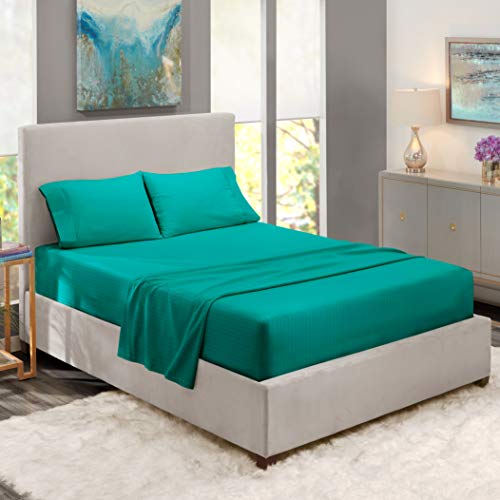 Nestl Bedding Damask Dobby Stripe 4 Piece Set â€“ 14â€-16â€ Deep Pocket Fitted Sheet â€“ Soft Double Brushed Top Sheet â€“ 2 Pillow Cases, Queen - Teal
