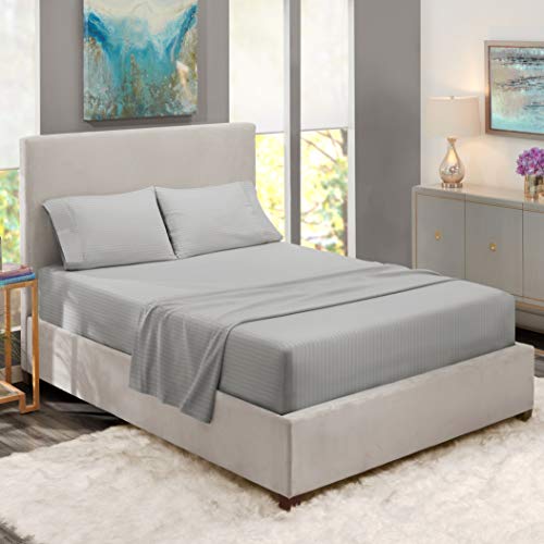 Nestl Bedding Damask Dobby Stripe 4 Piece Set â€“ 14â€-16â€ Deep Pocket Fitted Sheet â€“ Ultra Soft Double Brushed Microfiber Top Sheet â€“ 2 Hypoallergenic Wrinkle Free Cooling Pillow Cases, Queen - Silver