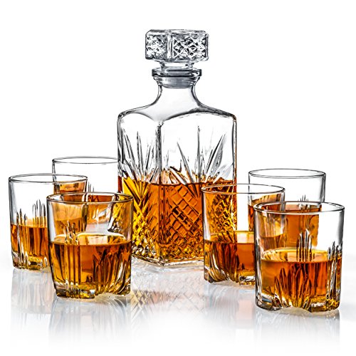 Italian Made 5-Piece Decanter Set - Whiskey Glass Lead Free Sophisticated Decanter with Beautiful Stopper and 4 Lovely Cocktail Glasses | Packaged in an Exclusive Gift Box