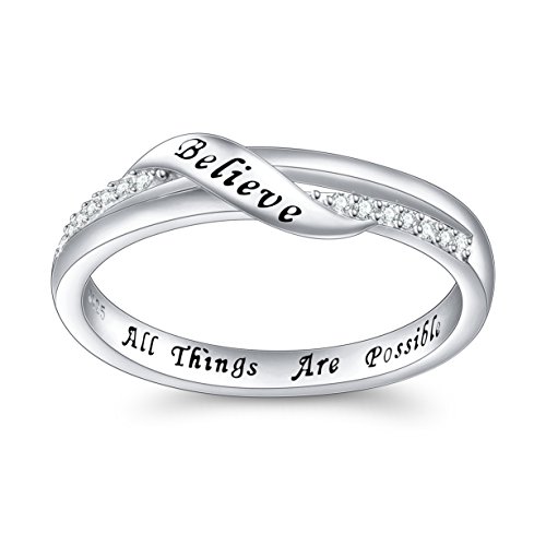 DAOCHONG Inspirational Jewelry Sterling Silver Engraved Believe All Things are Possible Band Ring for Women Girlfriend, Size 5-10