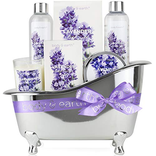 Spa Gifts for Women,Body & Earth Lavender Scented, Gifts Set for Women,7 Pcs Spa Gift with Shower Gel, Bubble Bath, Bath Salts,Body Lotion, Scented Candle, Best Gift for Her