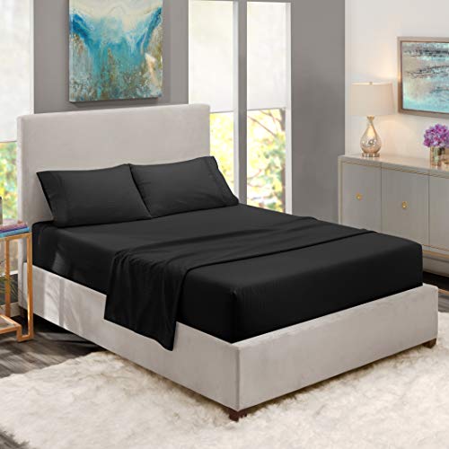 Nestl Bedding Damask Dobby Stripe 4 Piece Set â€“ 14â€-16â€ Deep Pocket Fitted Sheet â€“ Soft Double Brushed Top Sheet â€“ 2 Pillow Cases, Queen - Black