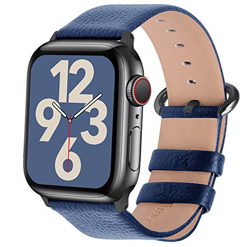 Book Cover Fullmosa Compatible Apple Watch Band 42mm 44mm 40mm 38mm Leather Compatible iWatch Band/Strap Compatible Apple Watch SE & Series 6 5 4 3 2 1, 42mm 44mm Dark Blue + Smoky Grey Buckle