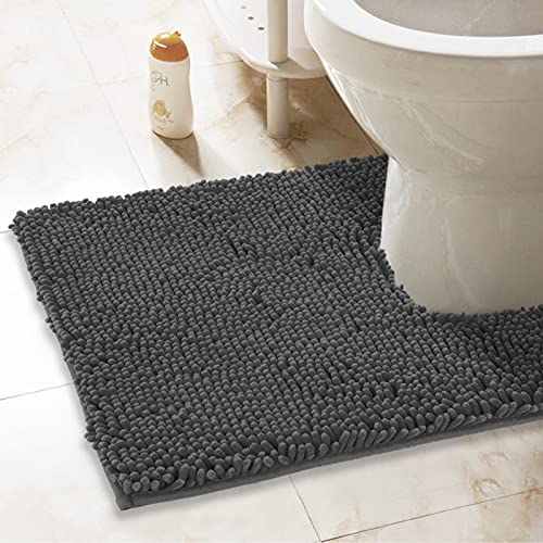 Book Cover ITSOFT Non-Slip Shaggy Chenille Toilet Contour Bathroom Rug with Water Absorbent, 24 x 21 Inches U-Shaped Charcoalgray
