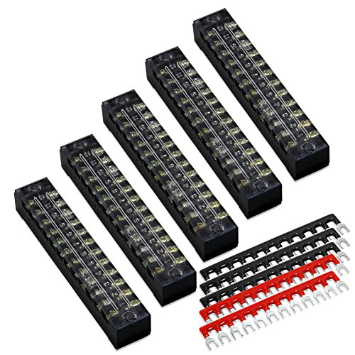 10pcs(5 Sets) 12 Positions Dual Row 600V 15A Screw Terminal Strip Blocks with Cover + 400V 15A 12 Positions Pre-Insulated Terminal Barrier Strip (Black/Red) by MILAPEAK