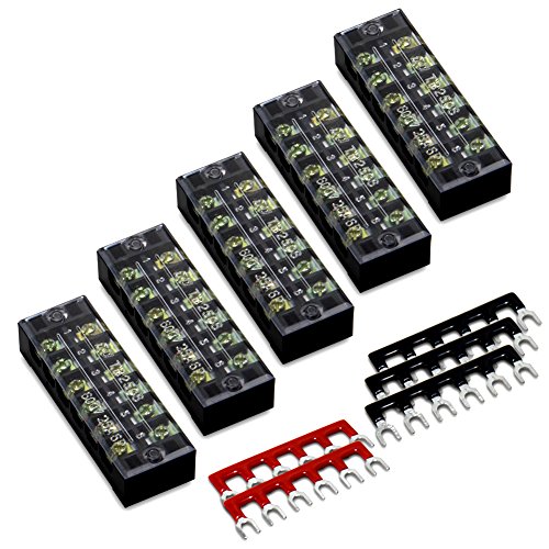 10pcs(5 Sets) 6 Positions Dual Row 600V 25A Screw Terminal Strip Blocks with Cover + 400V 25A 6 Positions Pre-Insulated Terminal Barrier Strip (Black/Red) by MILAPEAK