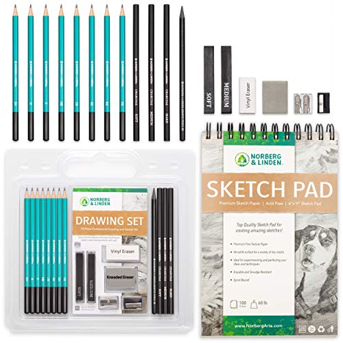 Book Cover Drawing Set - Sketching and Charcoal Pencils - 100 Page Drawing Pad, Kneaded Eraser. Art Kit and Supplies for Kids, Teens and Adults, Sketch Set